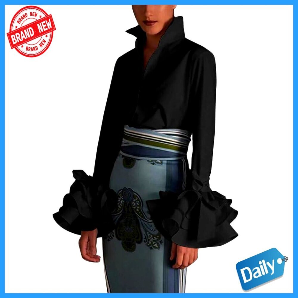 Long Sleeve Button Down Shirt Elegant Chic Work Blouse Flowy Flared Sleeves